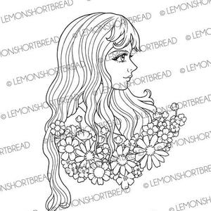 Digital Stamp Romantic Blossoms, Coloring Page, Digi Download Flowers Girl Face, Summer Fantasy, Scrapbooking
