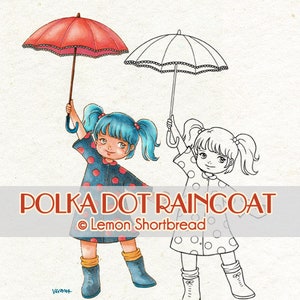 Digital Stamp Polka Dot Raincoat, Rain Rainy, Girl Umbrella, Digi Download, Summer Autumn, Coloring Page