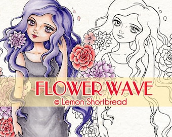 Digital Stamp Flower Wave Girl, Digi Fantasy Floral Coloring Page, Card Making Image, Scrapbooking, Instant Download