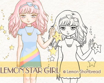 Digital Stamp Lemon Star Girl, Digi Colouring Page, Anime Girl, Fantasy, Card Making Crafts, Download