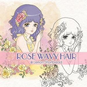 Digital Stamp Rose Girl, Digi Printable Coloring Page, Wavy Hair, Summer Flower Florals, Anime Art Shoujo Download