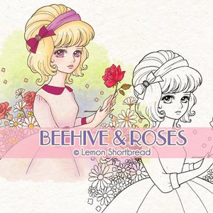 Digitale Stempel Rozen Meisje Bijenkorf, Digi Afdrukbare Kleurplaat, Bloemen Bloemen Zomer, Romantische Anime, Instant Download