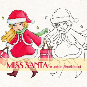 Digital Stamp Christmas Santa Girl, Digi Coloring Page, Merry Xmas Card Making, Anime Art Craft, Download
