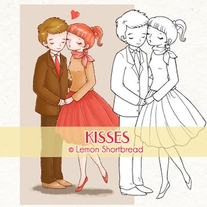 Digital Stamp Kisses Kissing Couple, Digi Coloring Page Download, Valentine's Day Love, Romantic, Scrapbooking