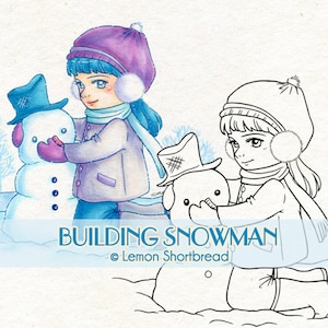 Digital Stamp Winter Building Snowman, Digi Download, Snow Christmas Girl, Children&#39;s Coloring, Scrapbooking Card Making