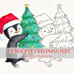 Digital Stamp Christmas Tree Penguin, Digi Winter Holiday, Bird Animal, Scrapbooking, Coloring Page Image Download