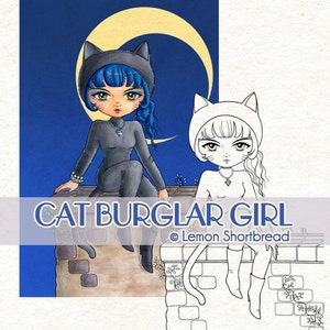 Digital Stamp Cat Burglar Girl, Catwoman Digi Coloring Page, Halloween Anime Art, Download