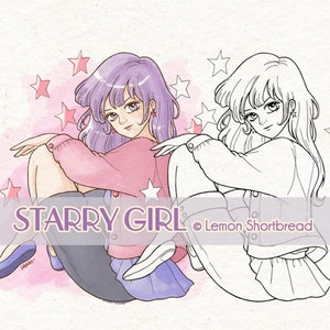 Digital Stamp 80s Star Girl, Digi Printable Coloring Page, Retro Shoujo Anime, Jem style Art, Download