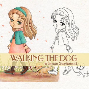 Digital Stamp Girl Walking Dog, Puppy Digi Coloring Page, Pets, Summer Autumn, Children Anime Art, Download