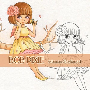 Digital Stamp Bob Hair Pixie Girl, Digi Coloring Page, Flower Floral Fantasy Tree, Instant Download