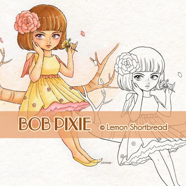 Digital Stamp Bob Hair Pixie Girl, Digi Coloring Page, Flower Floral Fantasy Tree, Instant Download