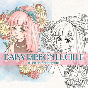 Digital Stamp Daisy Ribbon Girl, Digi Coloring Page Flowers Summer, Retro Style, Anime Art, Download