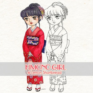 Digitale stempel Kimono Girl, Digi Japanse Kersenbloesem, Afdrukbare kleurplaat, Anime Lente Bloemen