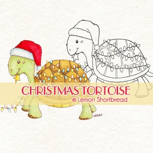 May include: Two cartoon turtles wearing Santa hats and decorated with Christmas lights. The turtle in the front is green and has a gold star on its shell. The turtle in the back is outlined in black and white. The text "CHRISTMAS TORTOISE &copy; Lemon Shortbread" is below the turtles.
