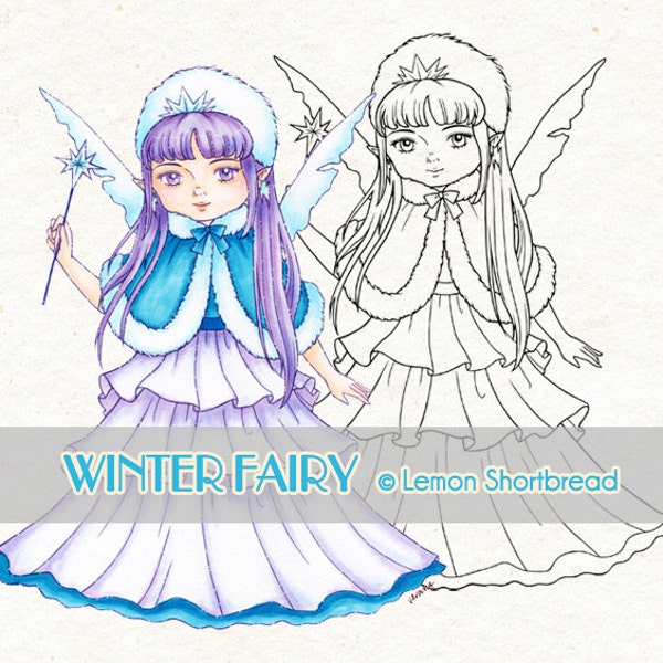 Digital Stamp Winter Fairy, Digi Fantasy Coloring Page, Ice Snow Queen, Christmas Art, Instant Download