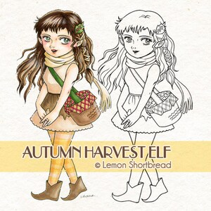 Puede incluir: Una ilustración digital de una elfa de otoño con cabello castaño, vistiendo un vestido marrón, una bufanda verde y llevando una cesta con tela a cuadros rojos y blancos. La elfa lleva medias a rayas amarillas y naranjas y botas marrones. La ilustración está en color y tiene una versión de línea de arte de la elfa a su lado.