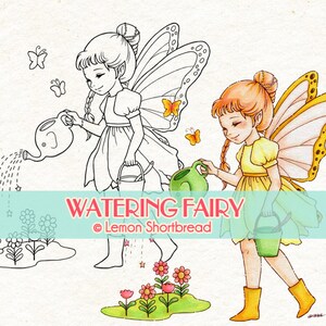 Digitale Stempel Gießen Blume Fee, Digi Färbung Seite Fantasy Schmetterling, Blumengarten, Frühling Sommer, Download