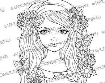 Digital Stamp Butterfly Meadow, Digi Flower Girl Face, Printable Coloring Page, Summer Retro 60s, Téléchargement instantané