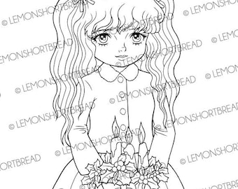 Digital Stamp Christmas Candle Girl, Digi Coloring Page, Holly, Scrapbooking Card Making Crafts, Instant Download
