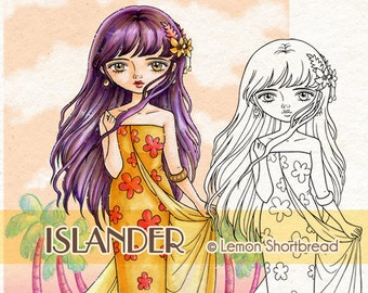 Znaczek cyfrowy Summer Tropics Island, kolorowanka Digi, Flower Girl, moda tropikalna, sztuka anime, pobierz