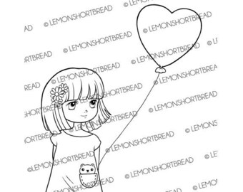 Digital Stamp Heart Balloon Girl, Digi Coloring Page, I Love You, Valentine's Day, Best Wishes, Happy Birthday, Thank You, Art Download