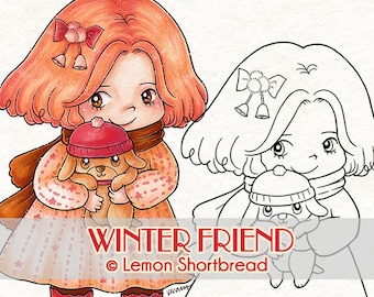 Digital Stamp Winter Friend, Girl with Puppy Dog, Digi Christmas Coloring Page, Children Kids, Scrapbooking Instant Download