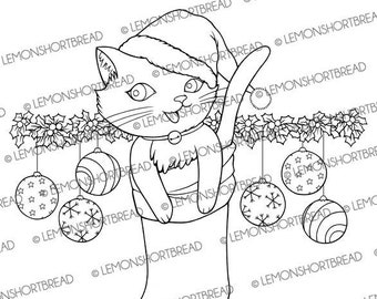 Digital Stamp Christmas Cat Stocking, Digi Download, Kitty Holly Ornaments, Coloring Page, Anime Clip Art