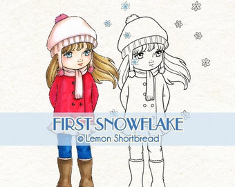 Digital Stamp Winter Snowflake, Digi Download, Snow Girl, Merry Christmas, Children Coloring Page, Scrapbooking Crafting