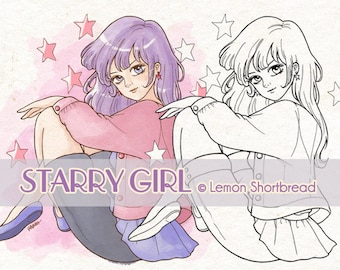 Digitale Stempel jaren '80 Star Girl, Digi Printable Coloring Page, Retro Shoujo Anime, Jem stijl Art, Download