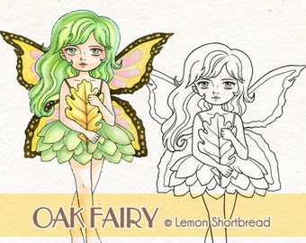 Digital Stamp Oak Fairy Leaf Leaves, Digi Fantasy Autumn Fall, Anime Coloring Page, Nature Crafts, Download