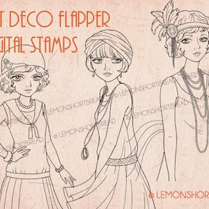 K&ouml;nnte beinhalten: Drei Schwarzwei&szlig;-Zeichnungen von Frauen in Flapper-Kleidern aus den 1920er Jahren. Die Frauen tragen Stirnb&auml;nder, Halsketten und Kleider mit geometrischen Mustern. Der Text "Art Deco Flapper Digital Stamps" befindet sich oben im Bild.