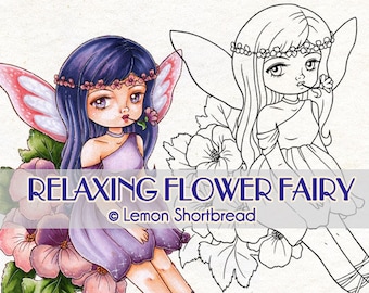 Digital Stamp Relaxing Flower Fairy, Fantasy Coloring Page, Digi Download, Floral Spring Summer