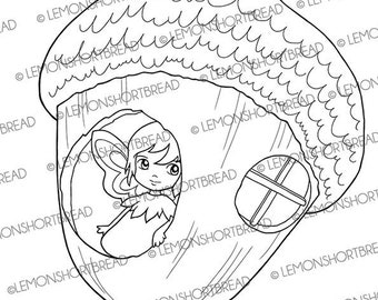 Digital Stamp Fairy in Acorn, Digi Autumn Fall, Fantasy Garden, Clip Art, Coloring Page, Instant Download