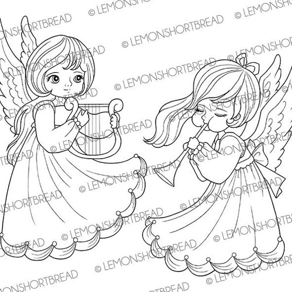 Digital Stamp Angel Music, Digi Christmas, Best Wishes, Baptism, Happy Birthday, Harp Lyre, Coloring Page, Scrapbooking