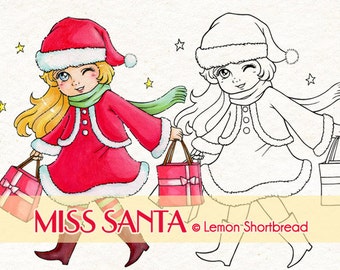 Digital Stamp Christmas Santa Girl, Digi Coloring Page, Merry Xmas Card Making, Anime Art Craft, Download
