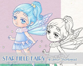 Digital Stamp Star Field Fairy, Digi Coloring Page, Fantasy Anime, Butterfly Pixie Girl, Big Eyed Art, Download