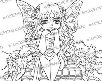 Digital Stamp Fairy Ponder, Digi Fantasy Printable Coloring Page, Garden Spring Summer, Anime Art