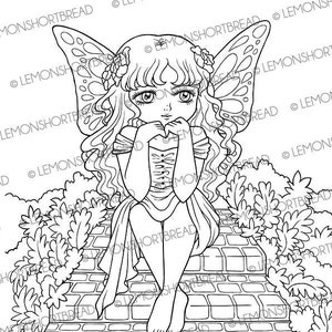 Digital Stamp Fairy Ponder, Digi Fantasy Printable Coloring Page, Garden Spring Summer, Anime Art image 1