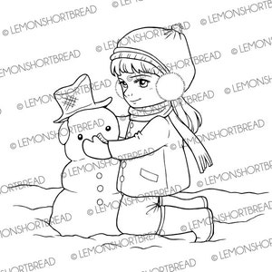 Digital Stamp Winter Building Snowman, Digi Download, Snow Christmas Girl, Children's Coloring, Scrapbooking Card Making image 2