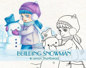 Digital Stamp Winter Building Snowman, Digi Download, Snow Christmas Girl, Children's Coloring, Scrapbooking Card Making