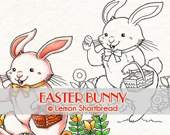 Easter Bunny Digital Digi Stamp, Coloring Page Download, Cute Rabbit, Scrapbooking Clip Art Graphic, Children's Craft