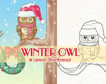 デジタルスタンプ 冬のフクロウ クリスマスリース、デジタルダウンロード、ぬり絵ページ、カード作成クラフト、動物鳥