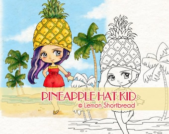 Digital Stamp Pineapple Hat Kid, Digi Coloring Page, Girl Beach Summer, Tropical Island, Anime Art, Download