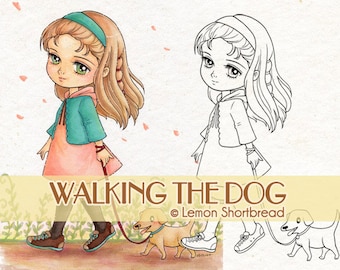 Digital Stamp Girl Walking Dog, Puppy Digi Coloring Page, Pets, Summer Autumn, Children Anime Art, Download