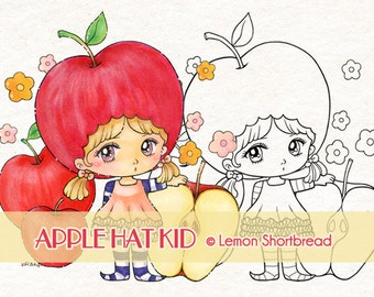Digital Stamp Apple Hat Kid, Digi Colouring Page, Anime Fantasy, Fruits Fairy, Cute Girl Children, Download