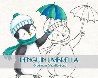 Digital Stamp Penguin Umbrella, Digi Download, Winter Holiday Merry Christmas, Animal Clip Art Image, Coloring Page, Scrapbooking