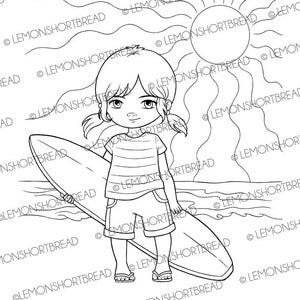 Digital Stamp Surfer Girl, Surfing Beach, Digi Download, Children Sports, Clip Art, Coloring Page, Scrapbooking image 2