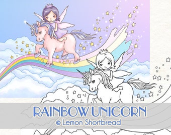 Digital Stamp Rainbow Unicorn Fairy, Digi Coloring Pages, Fantasy Cute, Children's Art Crafts, Instant Download