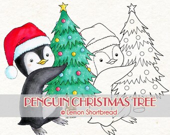 Digital Stamp Christmas Tree Penguin, Digi Winter Holiday, Bird Animal, Scrapbooking, Coloring Page Image Download