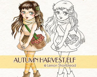 Digital Stamp Autumn Harvest Elf, Digi Fall Fairy Girl, Fantasy Anime Coloring Page, Nature Line Art, Instant Download